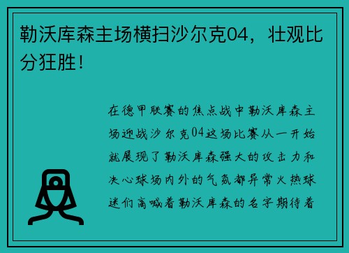 勒沃库森主场横扫沙尔克04，壮观比分狂胜！